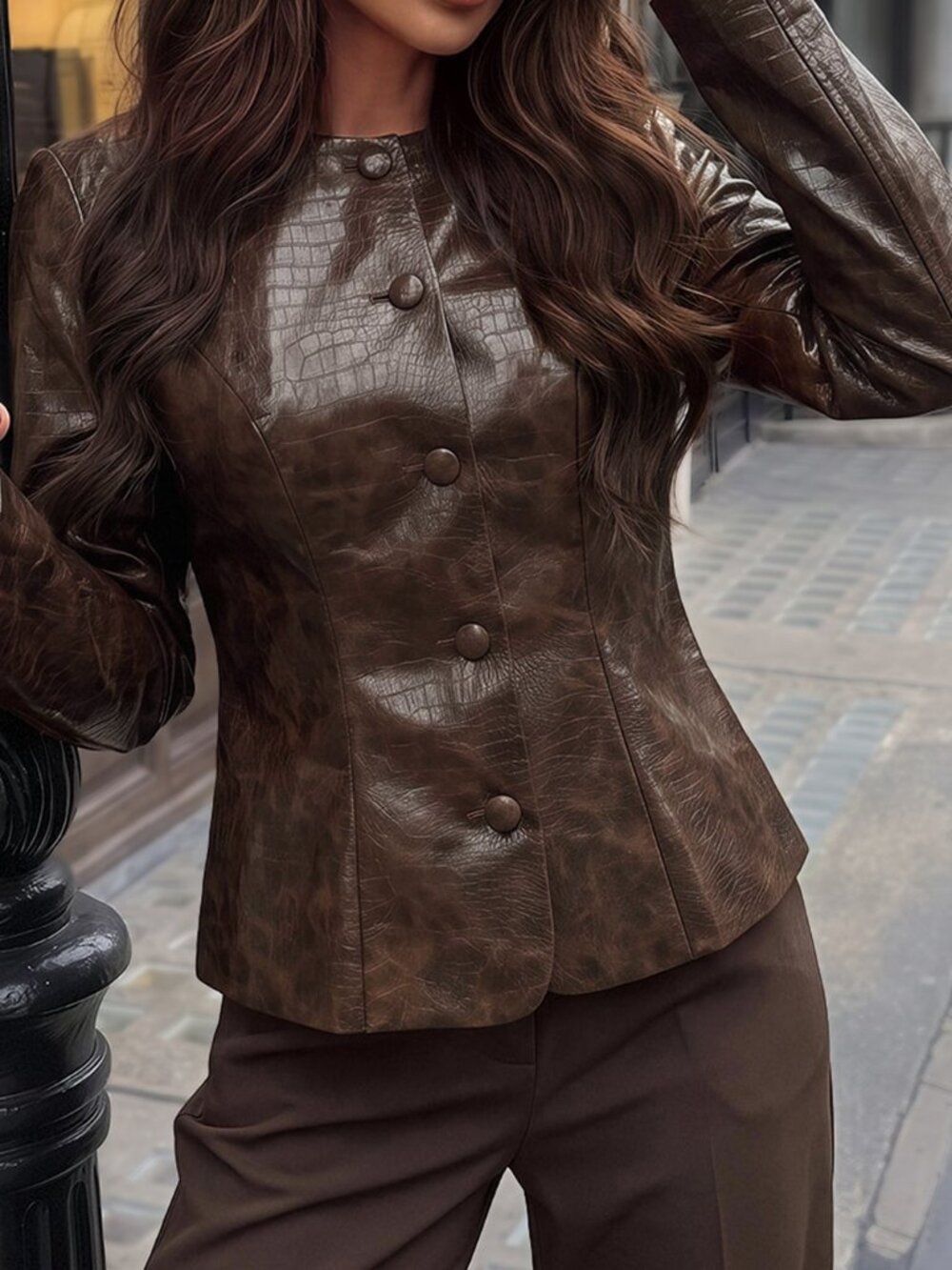 Brown Casual Women's Faux Crocodile Embossed Round Neck Jacket